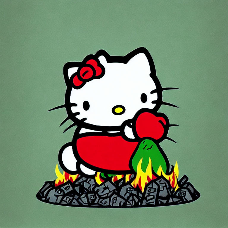 Hello Kitty devil costume illustration with pitchfork on burning papers