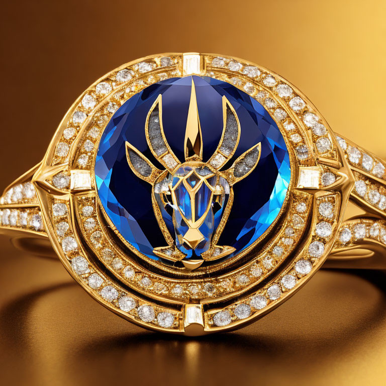 Gold Bracelet with Blue Gemstone, Diamond Outline, and Gazelle Motif