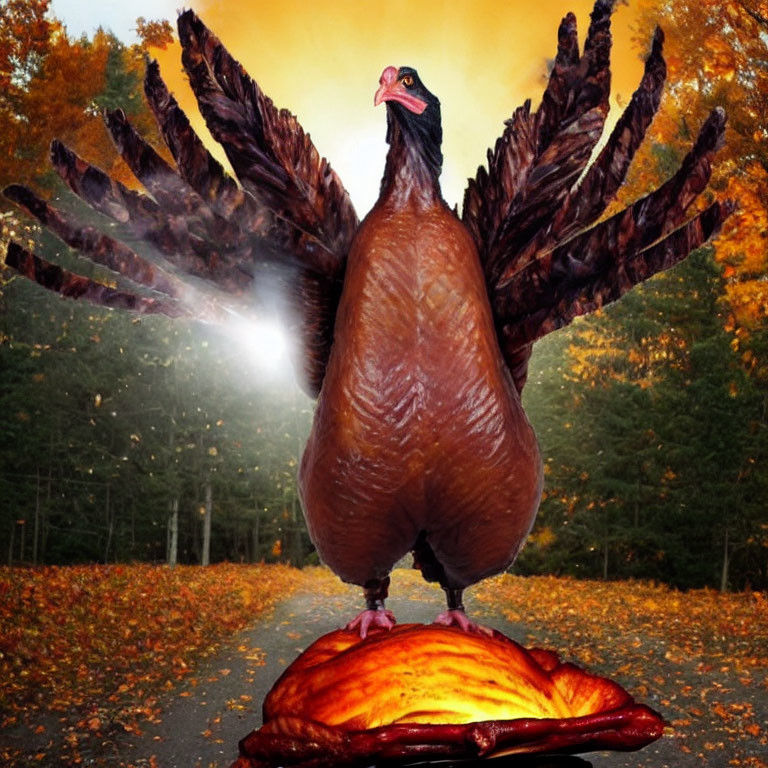 Giant Turkey with Exaggerated Wings on Roasted Turkey in Autumn Forest