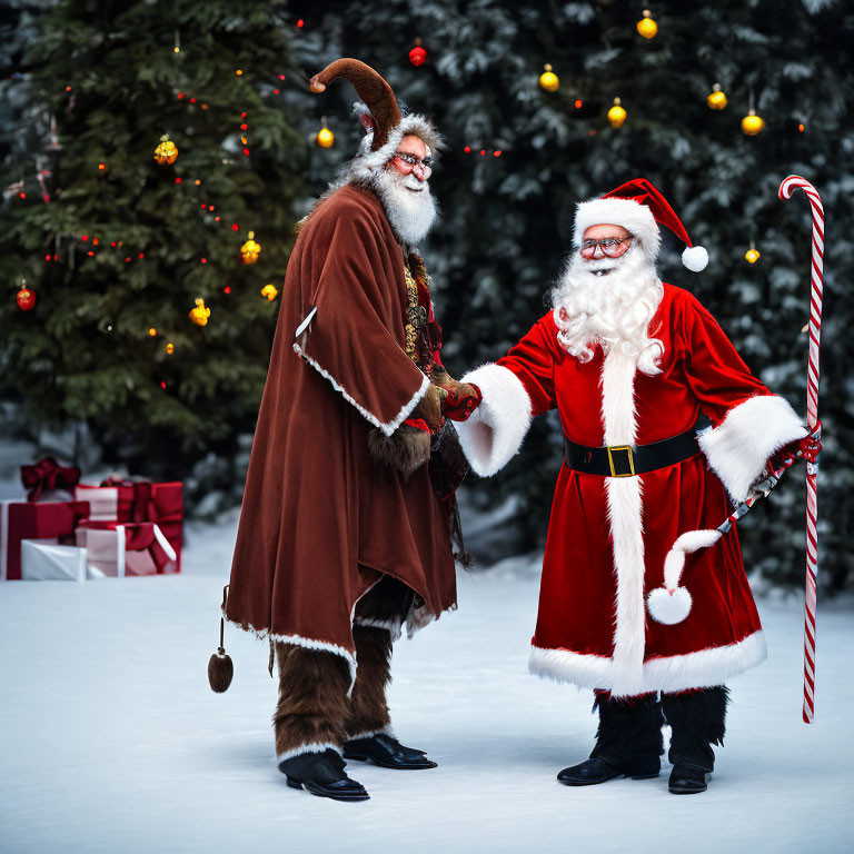 Santa Claus and Krampus in snow with Christmas tree and presents