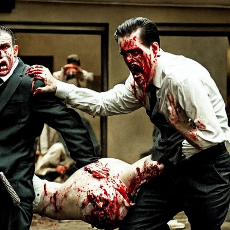 Men in bloodstained suits fight violently in chaotic scene