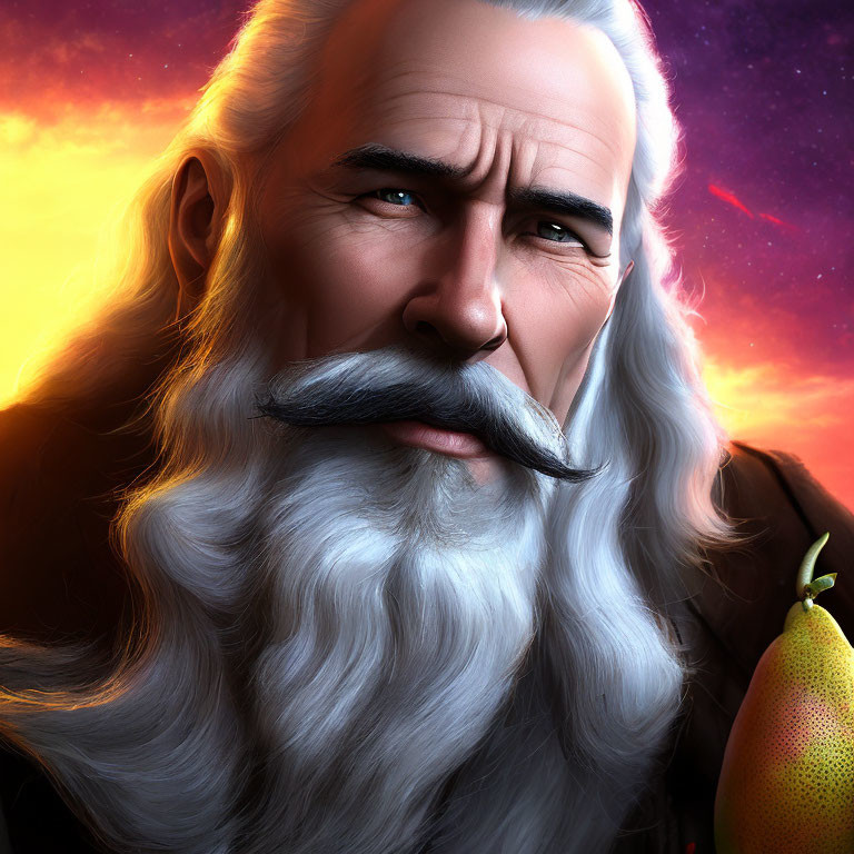 Elderly man with white beard holding pear against sunset and stars