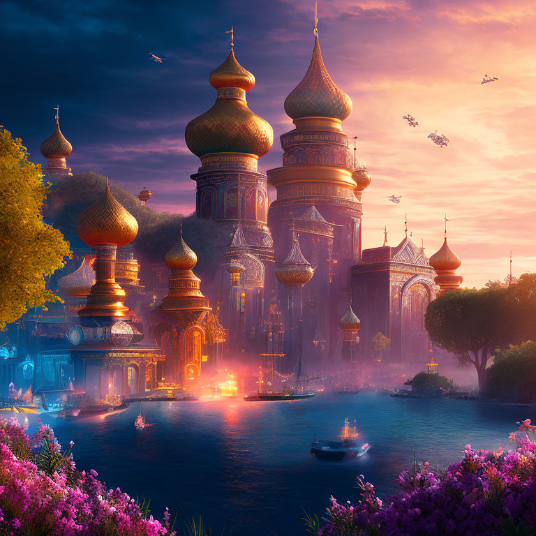 Colorful Fantasy Cityscape with Onion-Domed Buildings by River at Twilight