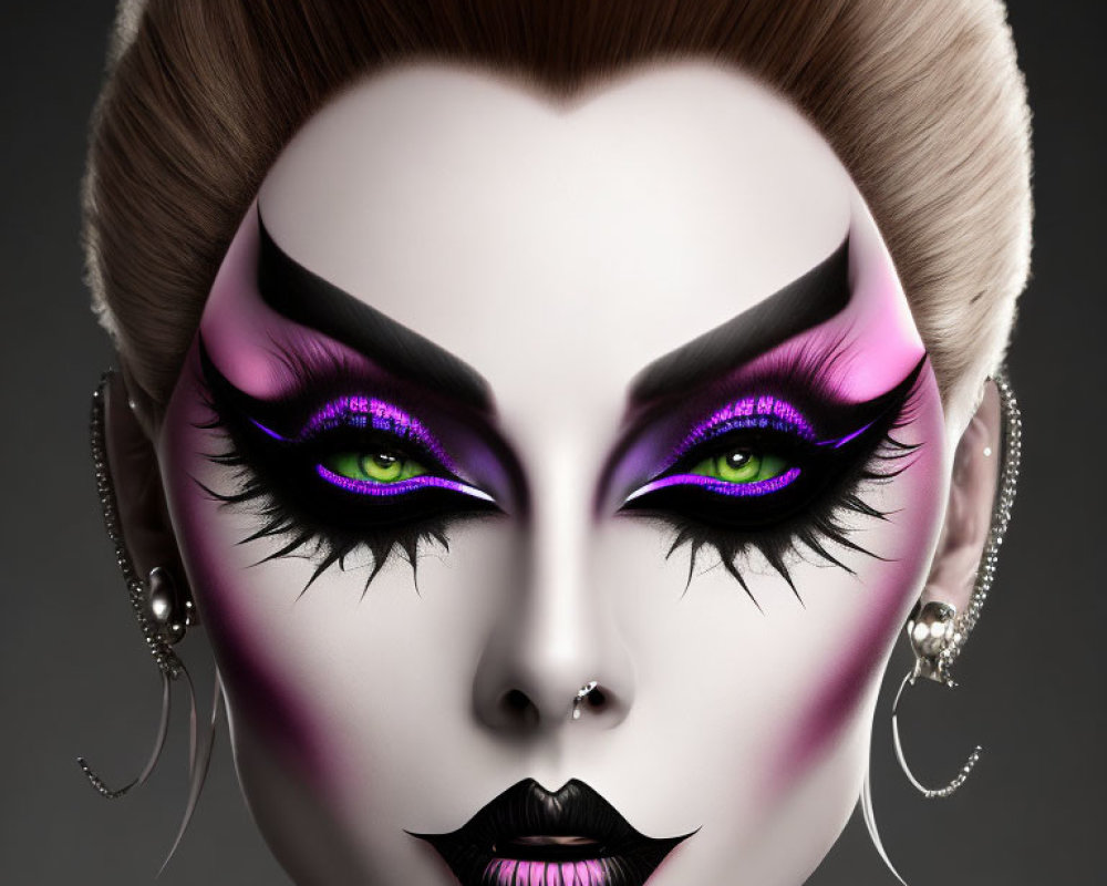 Detailed Close-Up of Stylized Female Face with Purple Eye Makeup