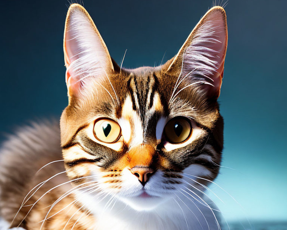 Brown and Black Striped Cat with Yellow Eyes and Whiskers on Blue Background