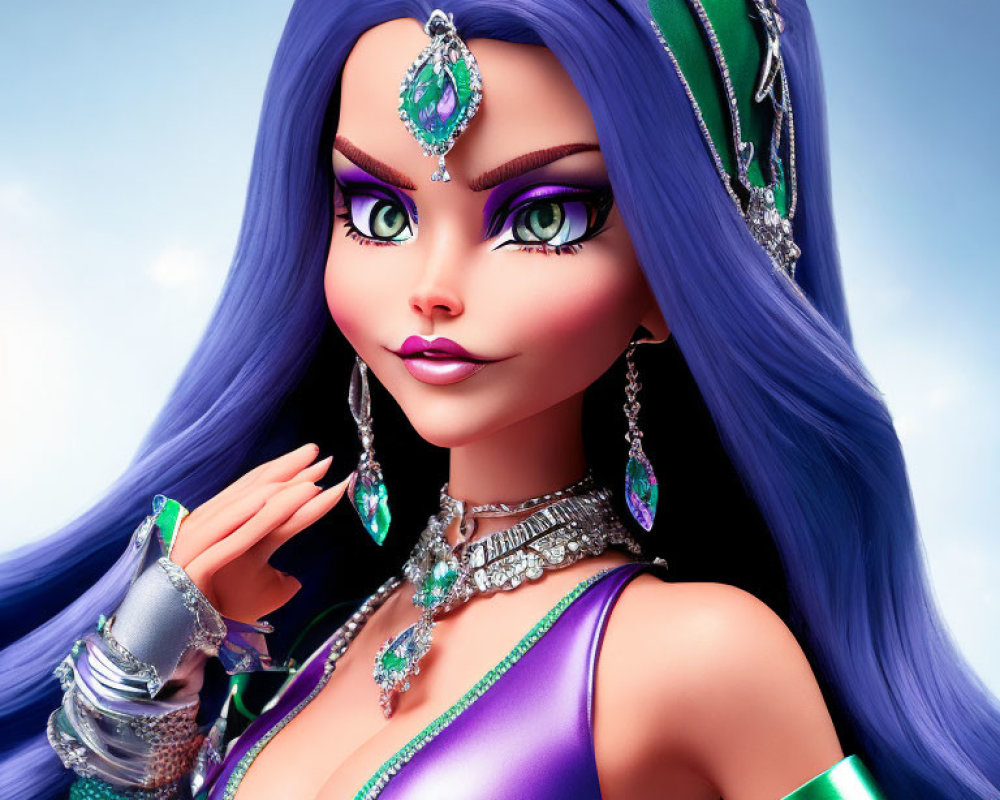 Vibrant 3D character: purple hair, green eyes, silver & emerald jewelry