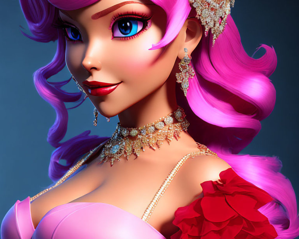 Stylized 3D illustration of woman with pink hair and gold jewelry