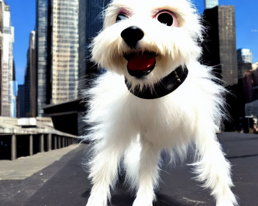 Fluffy white dog on city sidewalk with tall buildings under clear blue sky