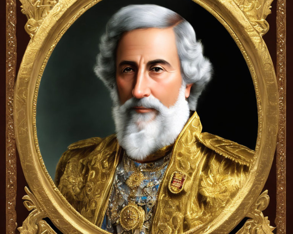 Elderly man in opulent regalia with white hair and beard in ornate frame