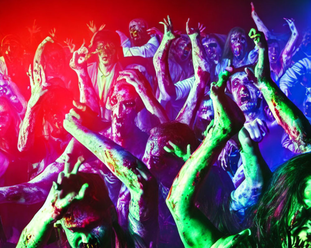Colorful crowd with neon paint raising hands in excitement