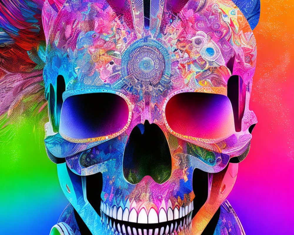 Colorful Stylized Skull Illustration with Sunglasses in Pink, Blue, and Green