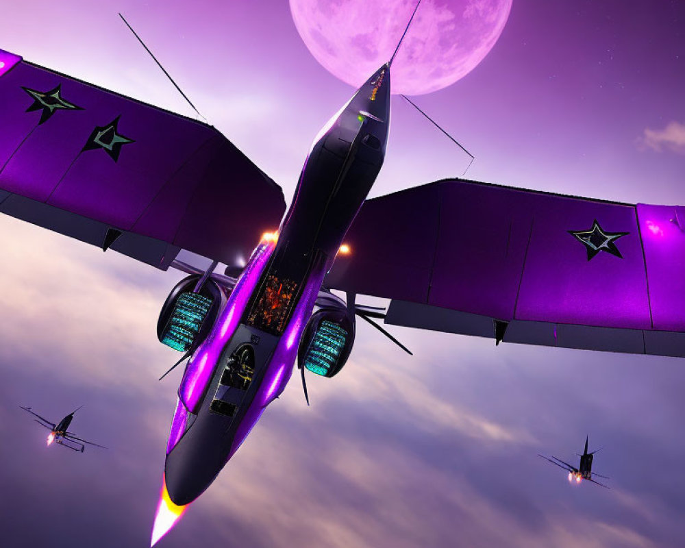 Futuristic jet with purple highlights flying towards large moon in dusk sky