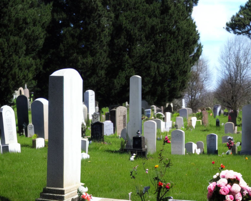 Variety of gravestones in peaceful cemetery landscape