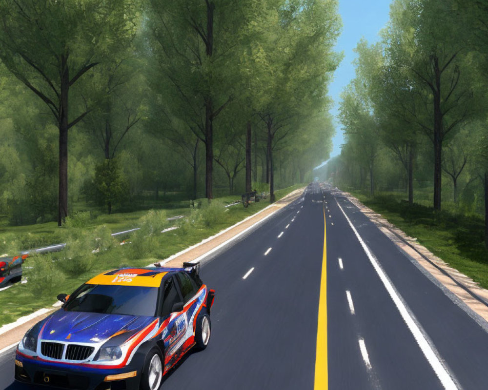 Blue and Orange Racing Car on Empty Forest Road