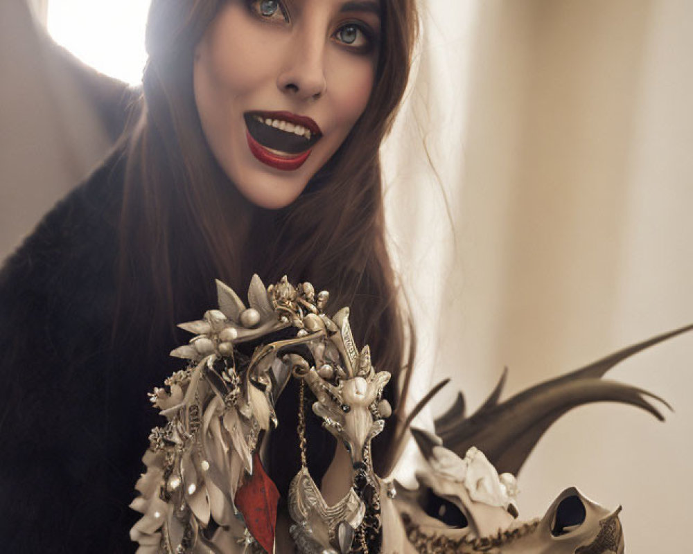 Woman with blue eyes holding silver dragon skull with jewel.