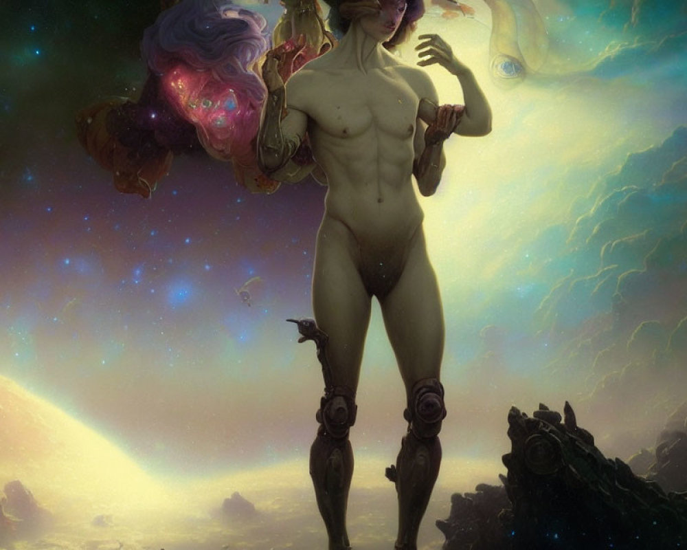 Surreal nude figure with cosmic elements and celestial clouds.