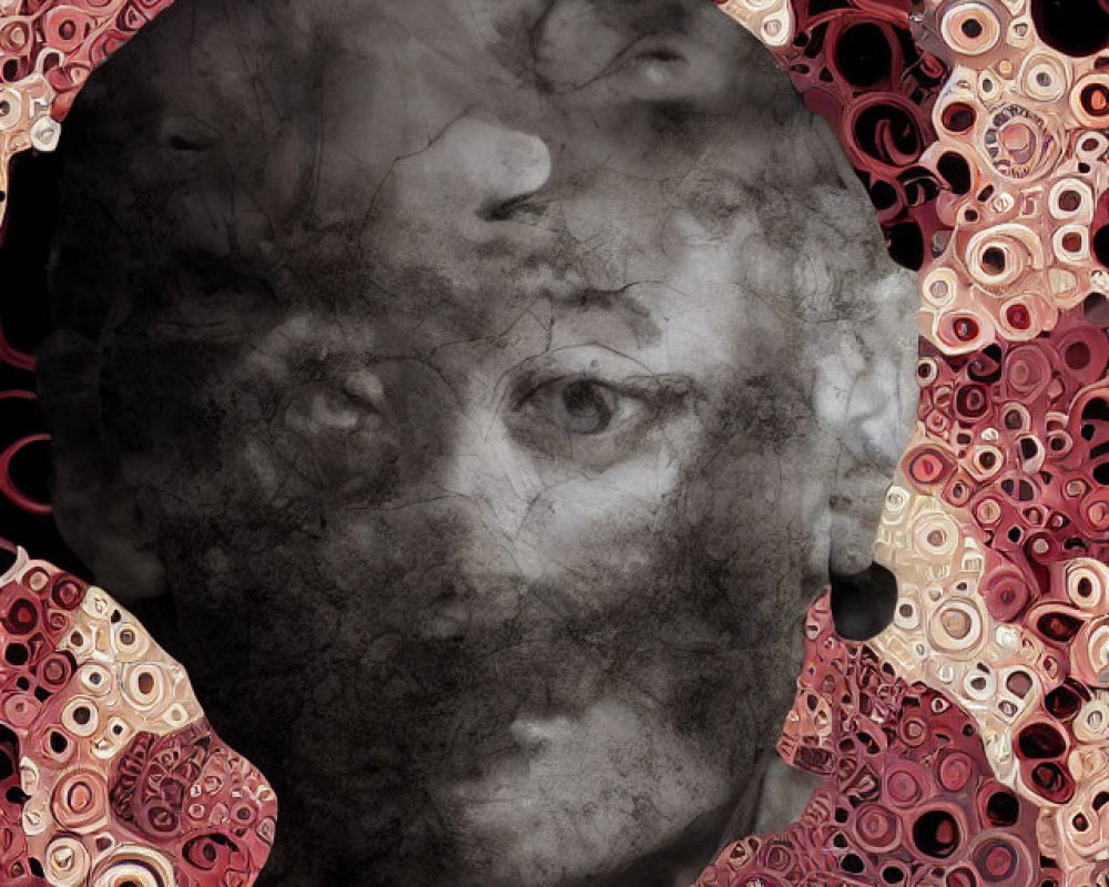 Grayscale portrait overlaid on red and black mechanical patterns