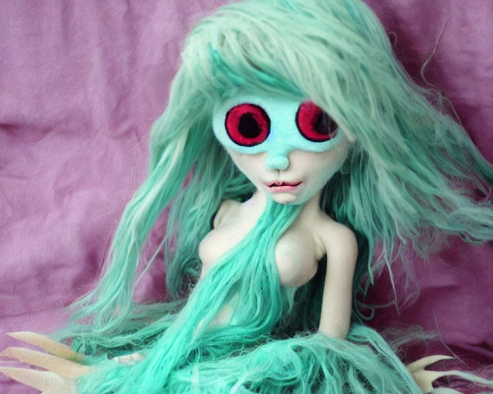 Teal-haired doll with red eyes against pink background with fangs
