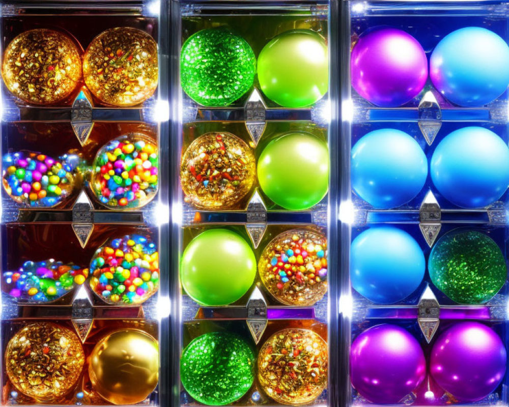 Colorful Gumball Machine with Multicolored Gumballs and Bright Lights