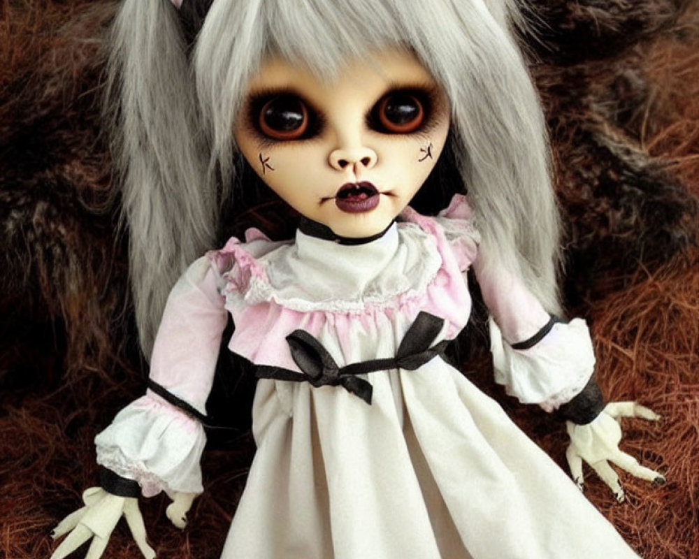 Creepy doll with dark eyes, wolf-like ears, sharp claws, frilly dress in pink and