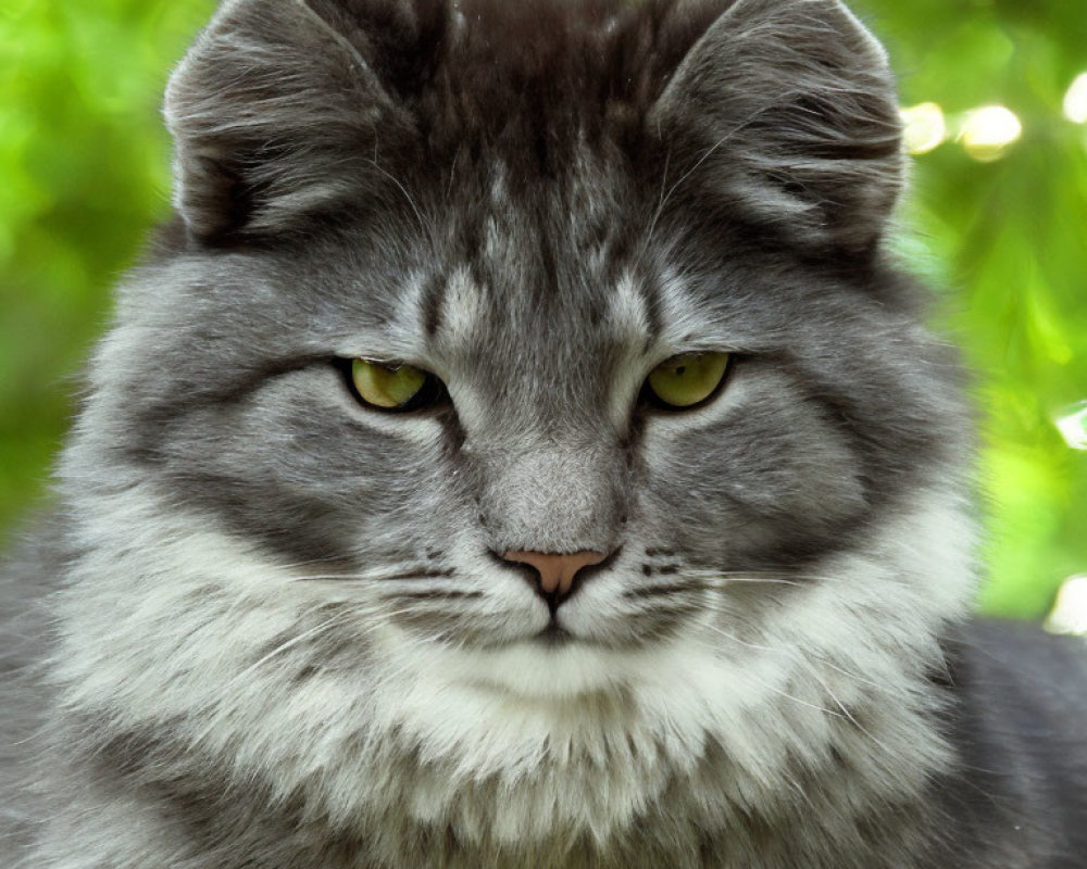 Fluffy Gray Cat with Striking Yellow Eyes on Green Background