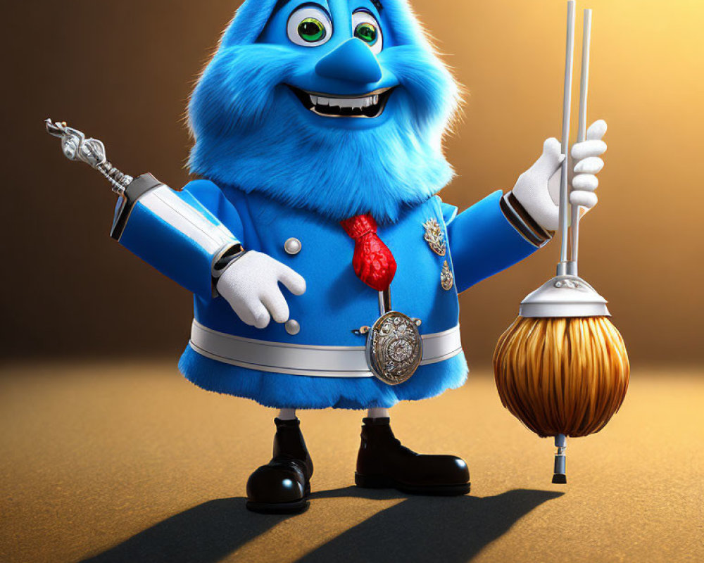Blue furry creature in ceremonial guard attire with staff, mop, and medals