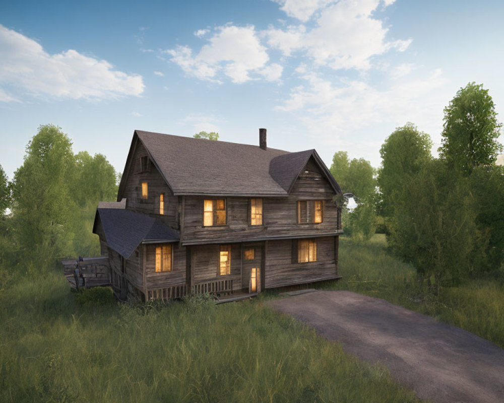 Two-Story Wooden Cabin with Lit Porch in Grassy Clearing