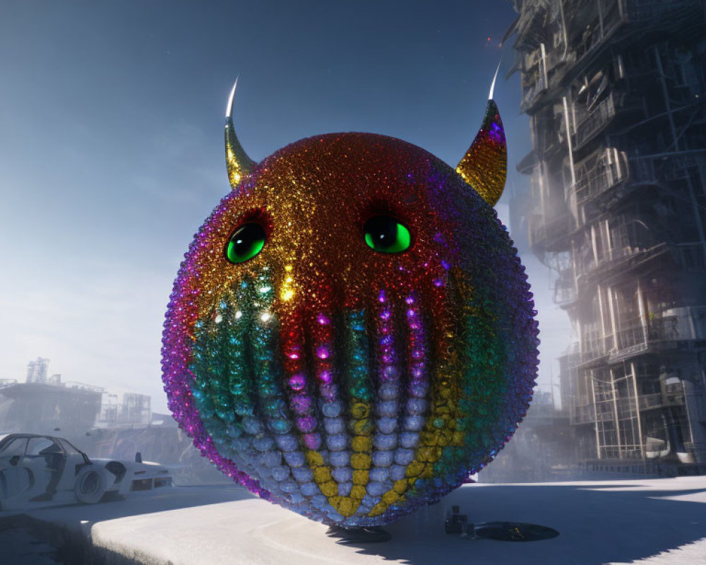 Colorful Sparkling Creature with Horns and Green Eyes Hovering Over Snowy Futuristic Landscape