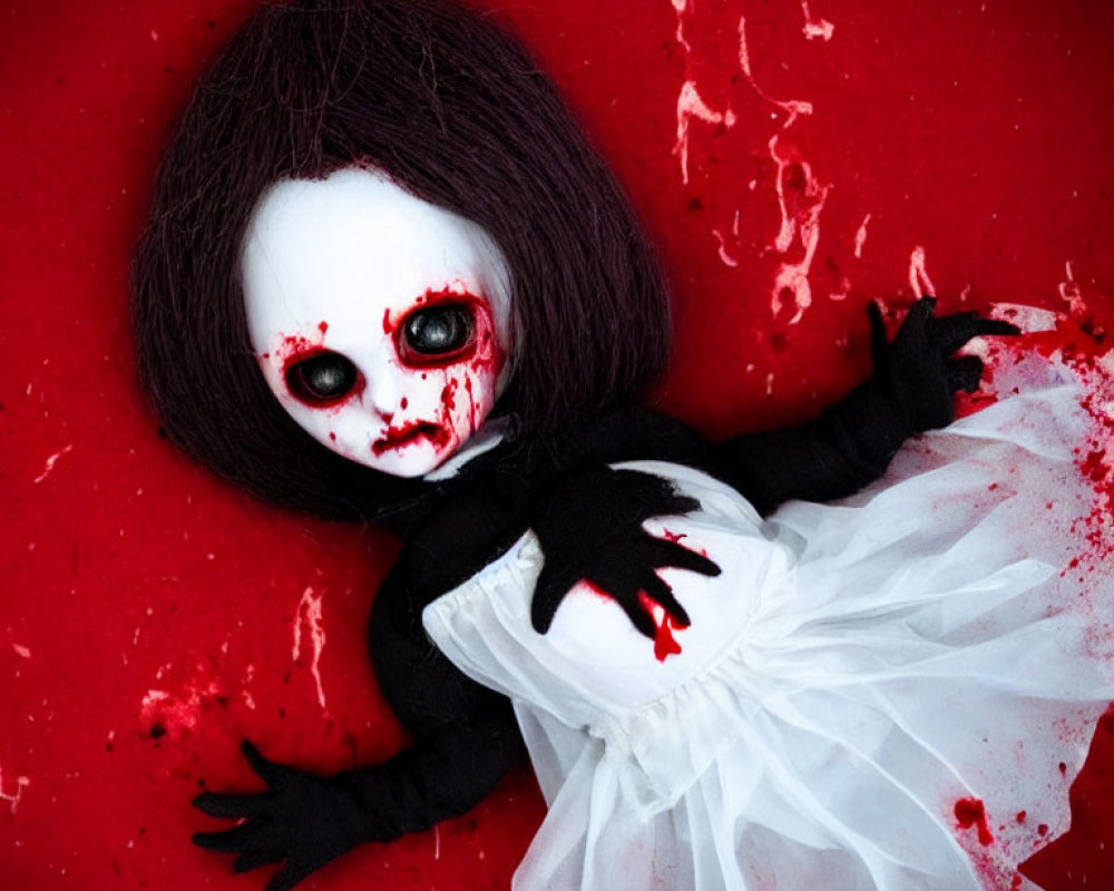Creepy doll with black and white dress and red eyes on blood-splattered background