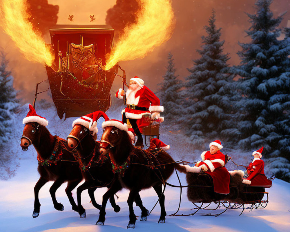Santa Claus on fiery-winged horse-drawn sleigh in snowy forest twilight