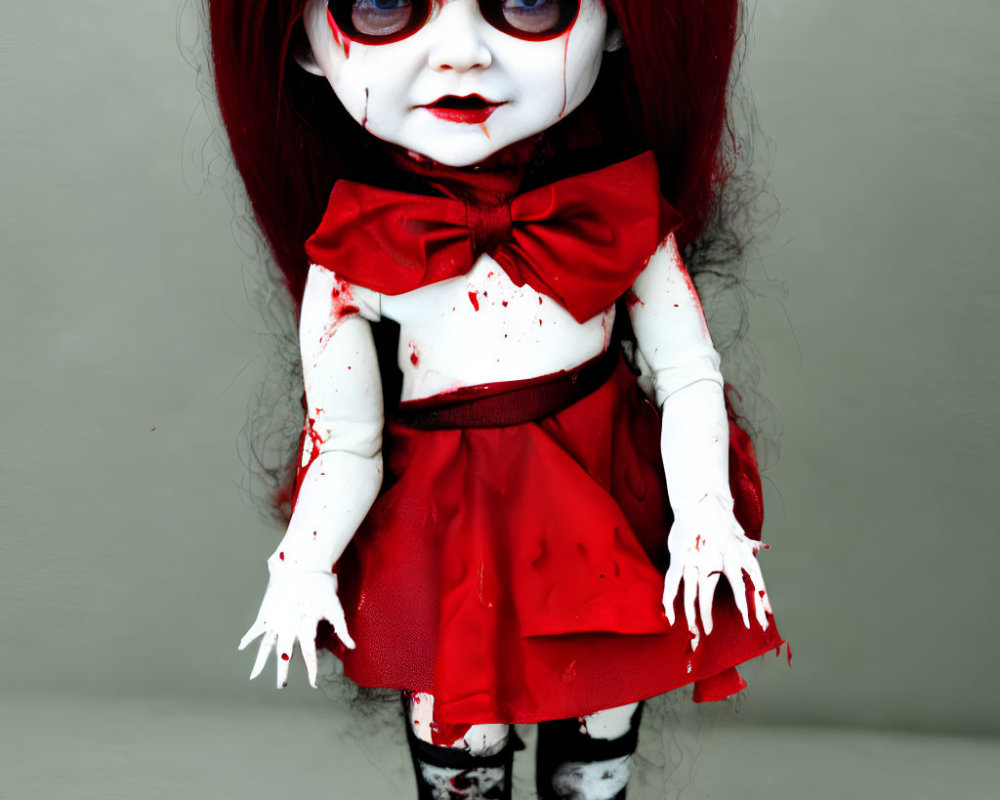 Spooky doll with red hair and blue eyes on grey background