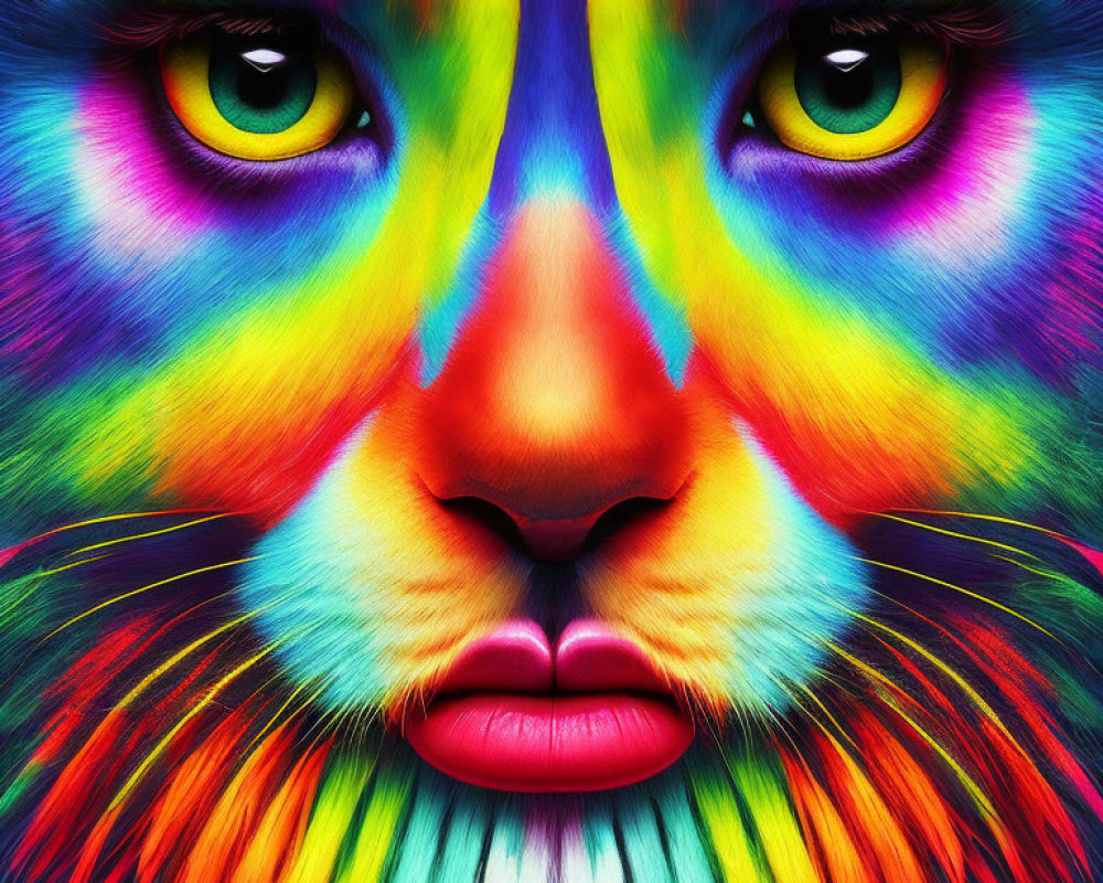Colorful Rainbow-Hued Feline Face Artwork