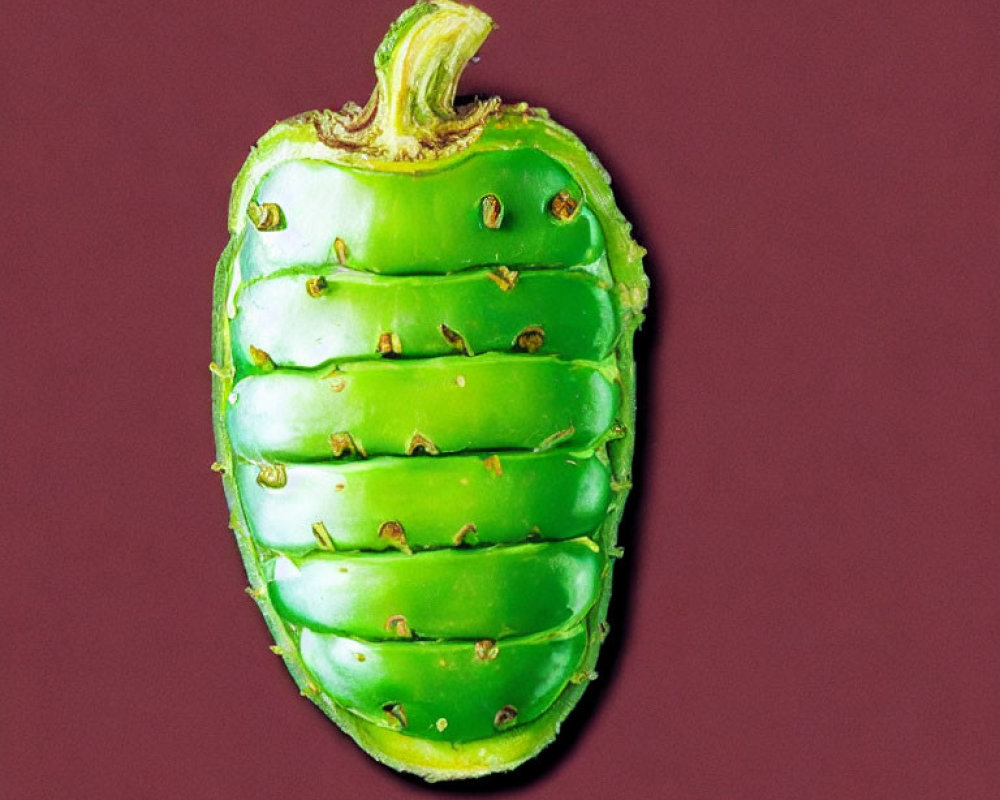 Green Bell Pepper Sliced in Caterpillar Shape on Maroon Background