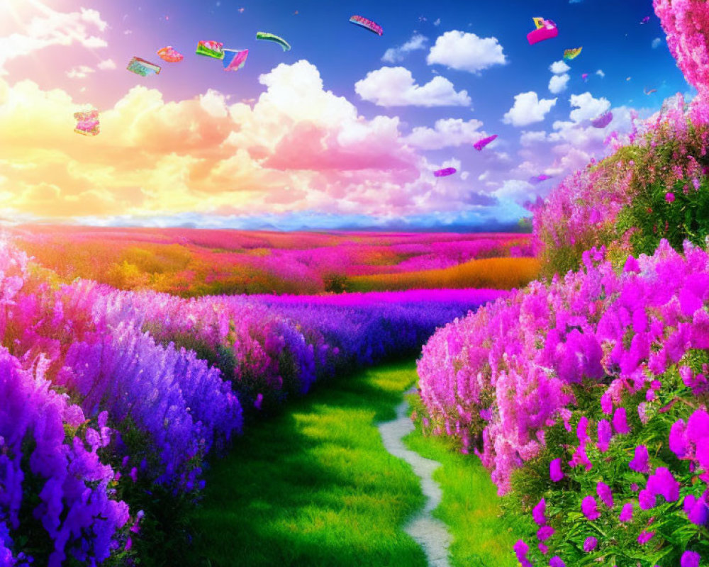 Colorful Hot Air Balloons Over Purple and Pink Flower Field