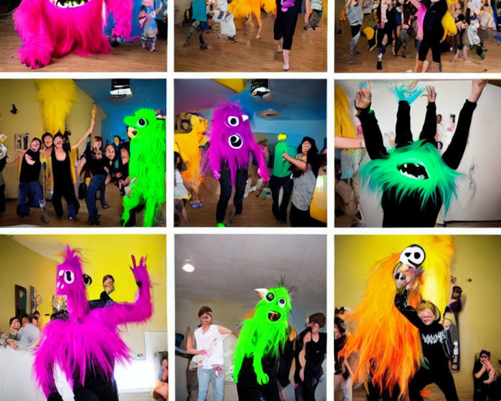 Nine Images of People Dancing with Colorful Monster Puppets