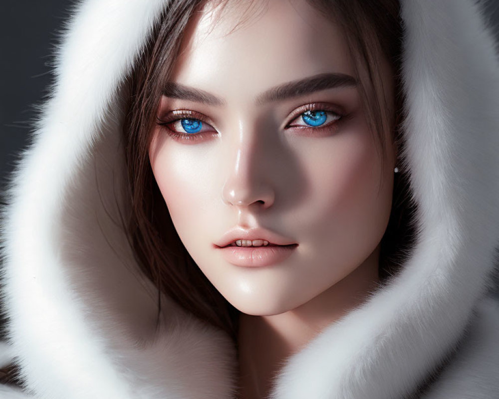 Portrait of Woman with Striking Blue Eyes and White Fur Hood