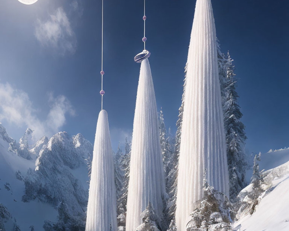 Snow-covered futuristic towers in wintry landscape with moonlit sky