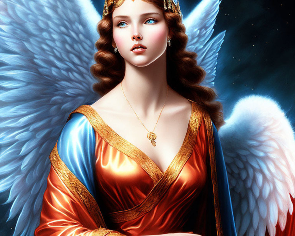 Regal figure with angel wings in golden crown and robe.