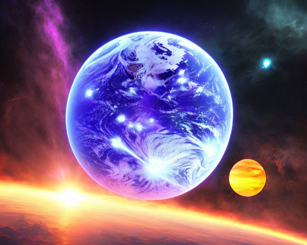 Colorful cosmic scene with Earth glowing in space next to orange planet.