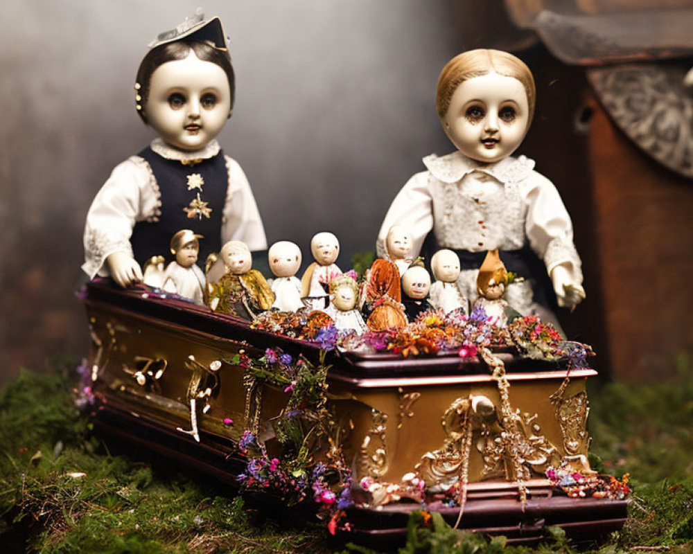 Vintage dolls with miniature coffin and figures on mossy surface