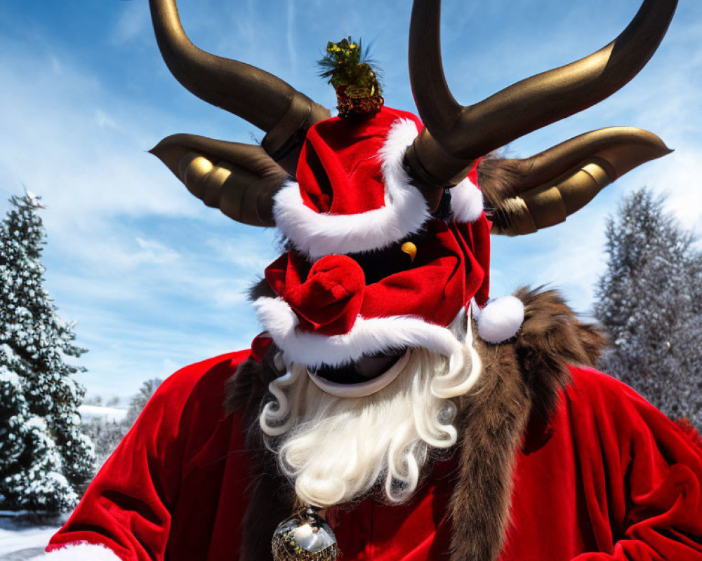 Santa Claus Costume with Reindeer Antlers and Christmas Ornament in Winter Landscape