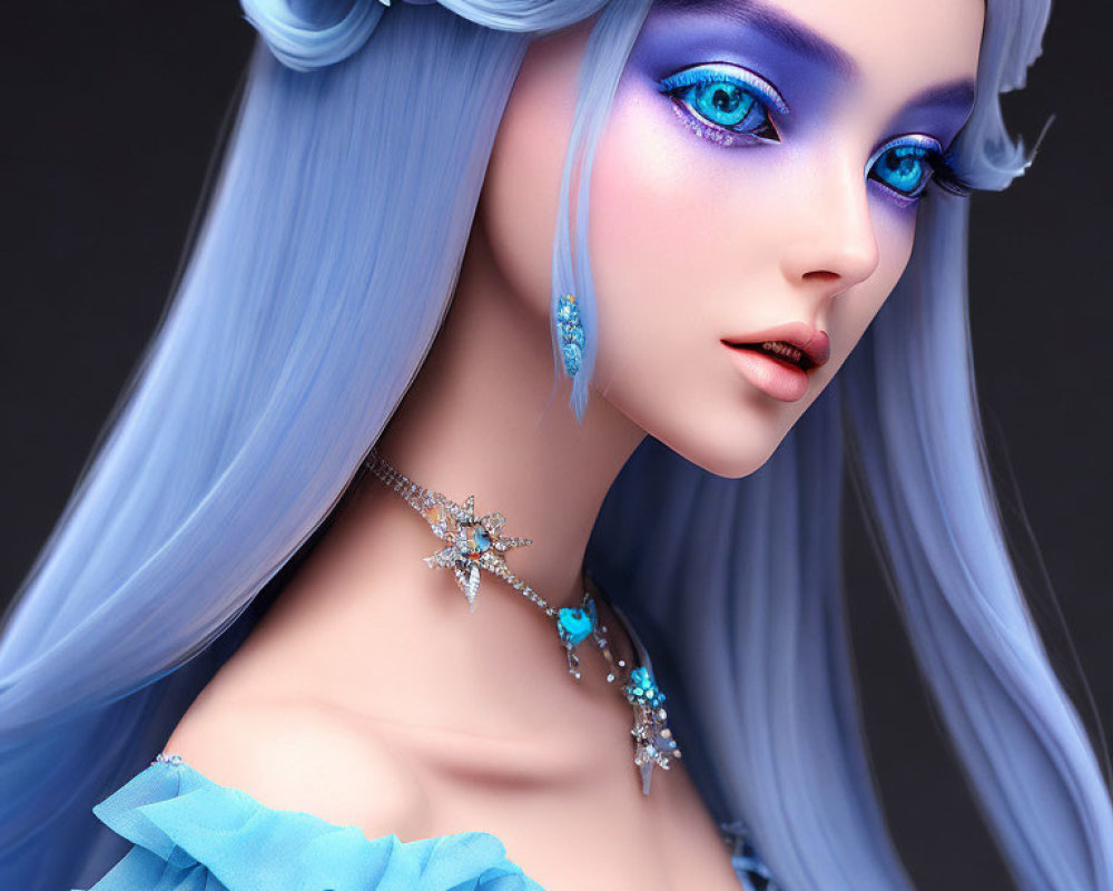 Character with Pale Skin, Blue Eyes, Long Blue Hair & Elegant Blue/Silver Jewelry