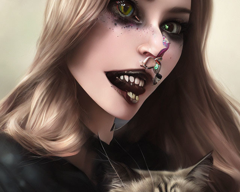 Digital Artwork: Woman with Fantasy Makeup and Cat, Vibrant Green Eyes, Multiple Piercings