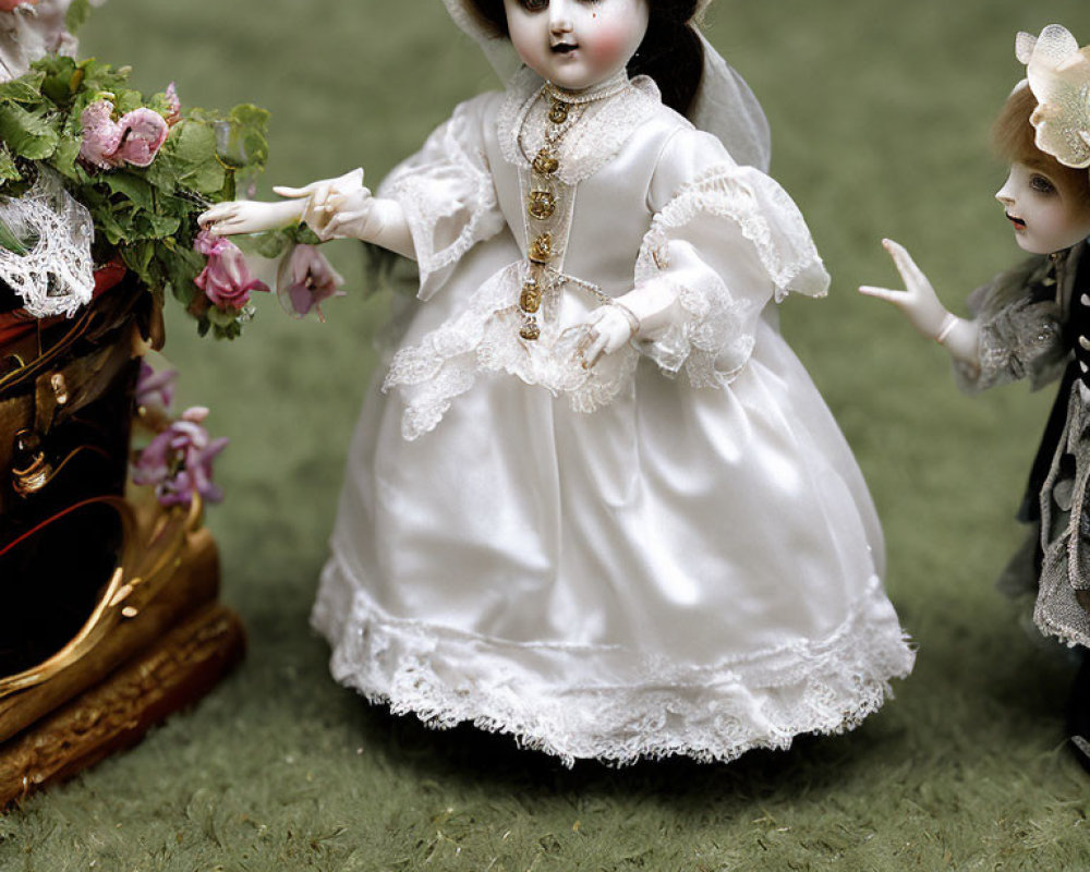 Porcelain doll in white dress with lace, gold necklace, beside floral arrangement and bonnet doll