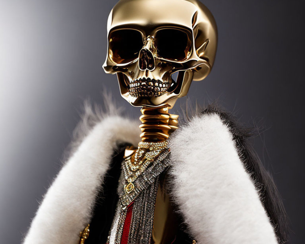 Golden Skull with White Fur Collar and Necklace on Gray Background