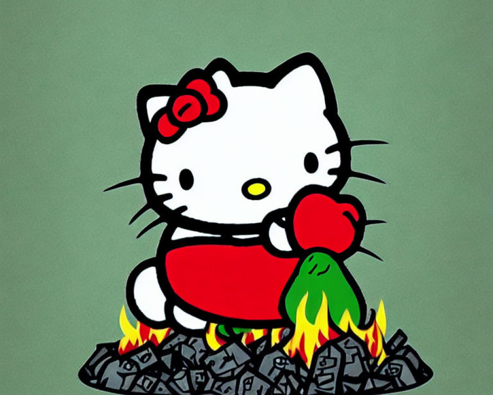 Hello Kitty devil costume illustration with pitchfork on burning papers