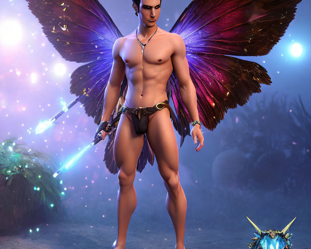 Fantasy illustration of male figure with iridescent wings and glowing sword, with small creature in blue