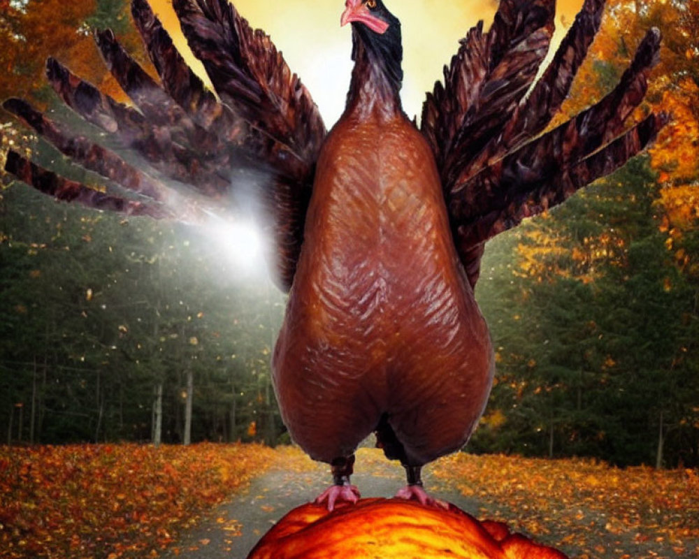 Giant Turkey with Exaggerated Wings on Roasted Turkey in Autumn Forest