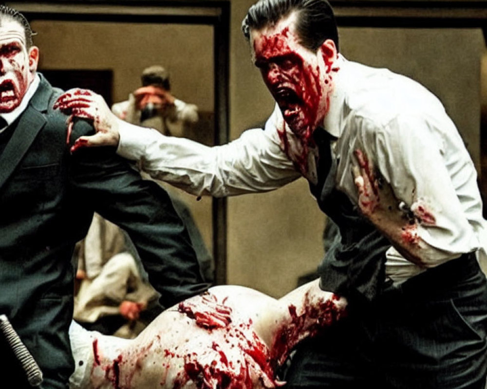 Men in bloodstained suits fight violently in chaotic scene