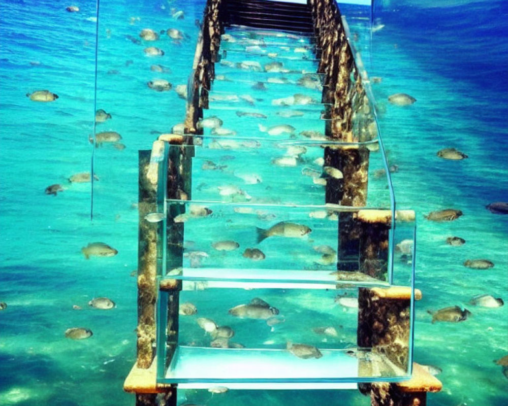 Transparent underwater staircase with small fish in clear blue water and ocean floor view